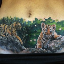 Тигрица и тигрёнок на природе